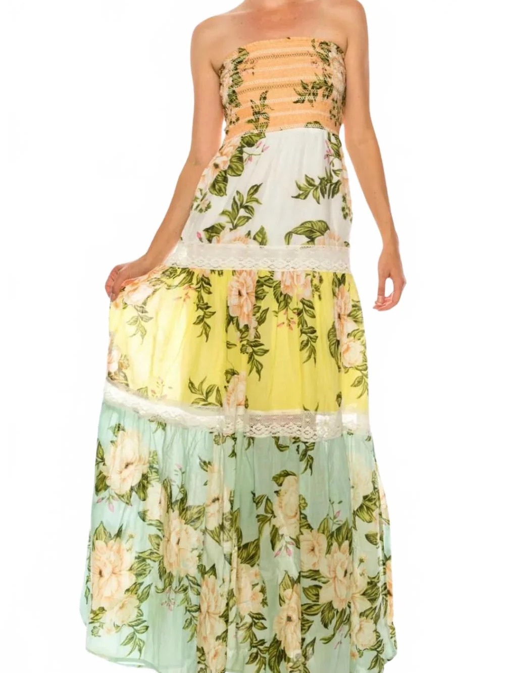 Kiwi & Punch Floral Strapless Tiered Maxi Dress in Pastel Yellow & Mint Large